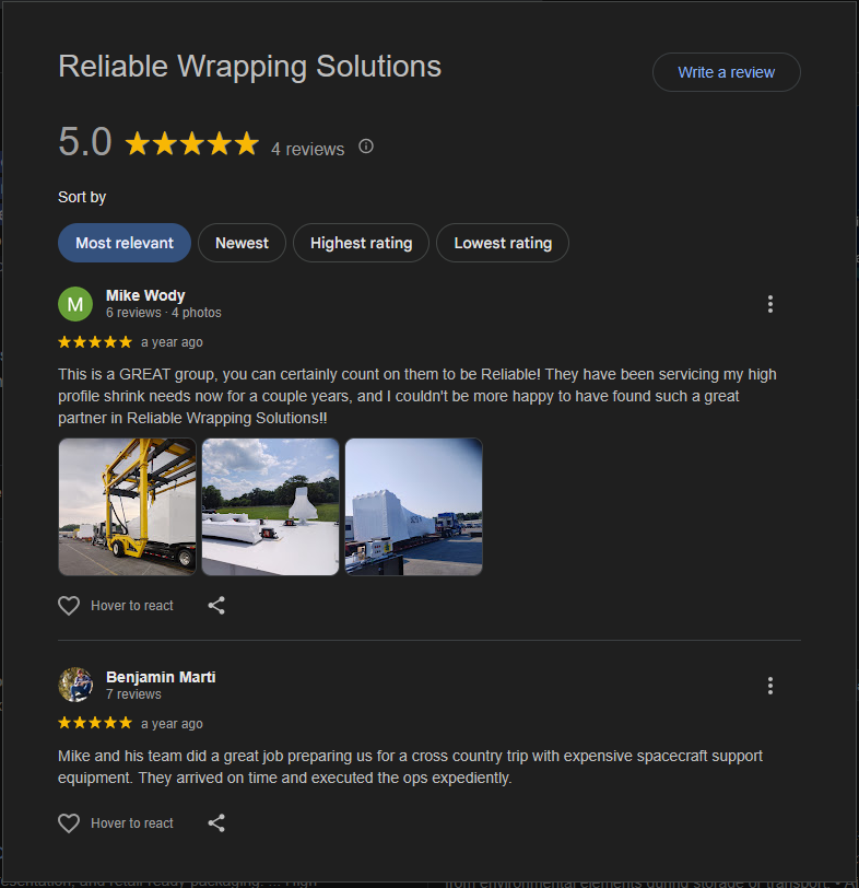 Reliable Wrapping Solutions Google reviews screenshot