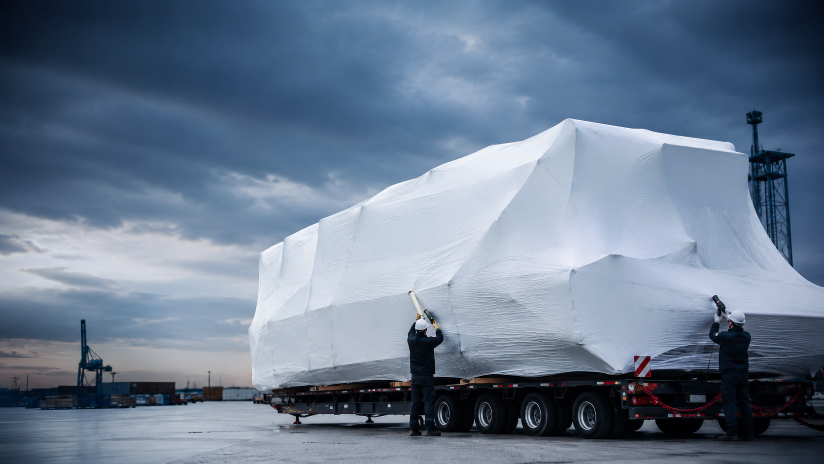 Large industrial shrink wrapped cargo on a trailer