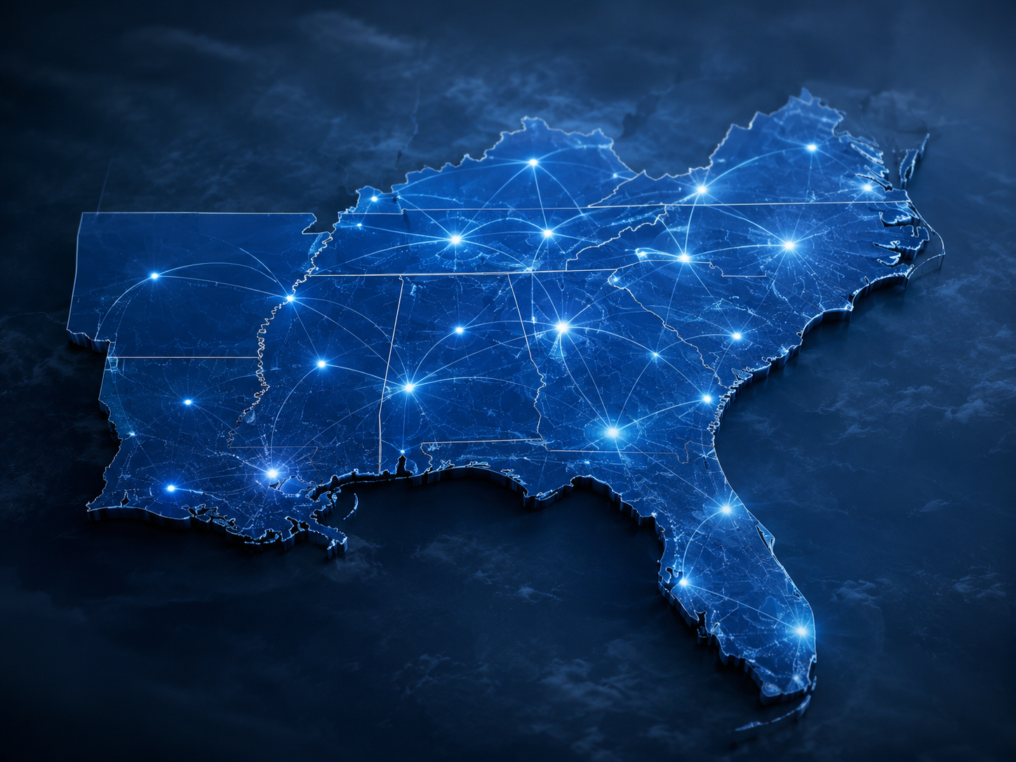 Stylized map showing Southeastern United States service coverage